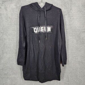 Design Lab Women's Size Large Black Hooded QUEEN Long Sleeve Pullover Mini Dress